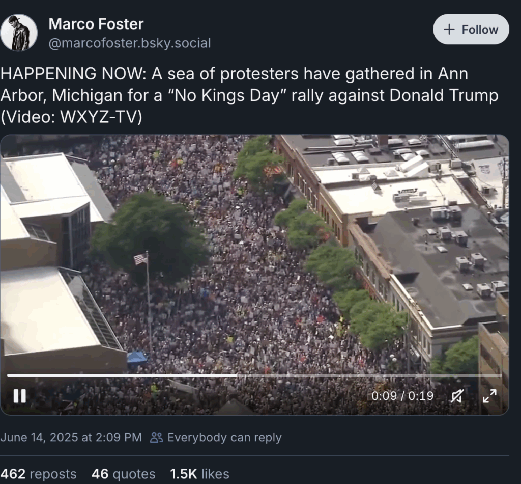 screenshot of a bsky post showing an overhead video of a huge crowd